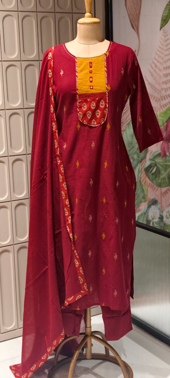 Ethnic Abstract Print U-Yoke Multicolor Cotton Full Suit Set With Printed Dupatta(Lean Fit)- 14355 RB327
