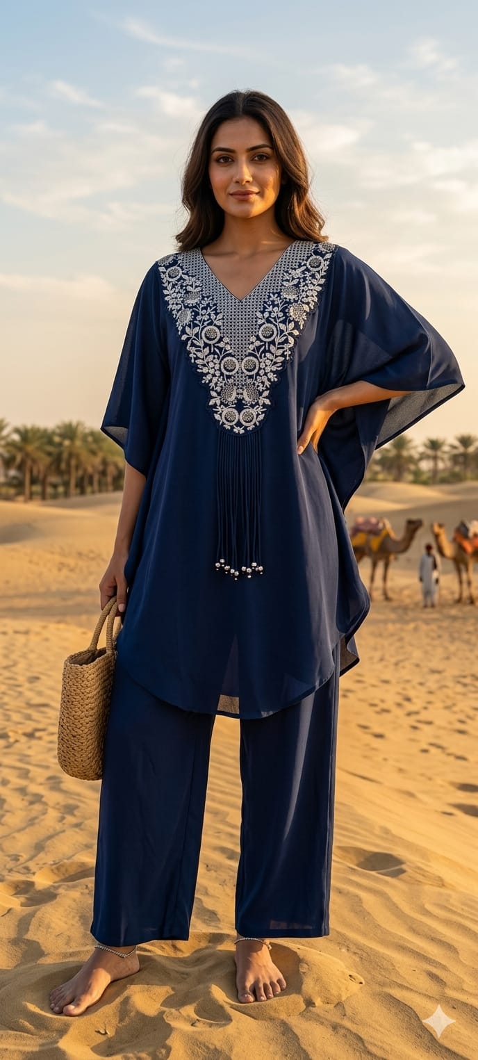 Chic Dark Shaded Embroidered Kaftan Tunic with Beaded Tassels & Bottom- 14518 RB316