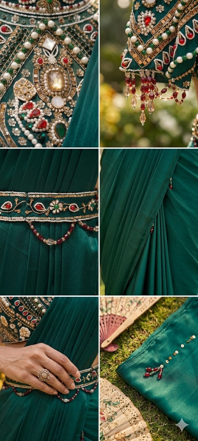 Elegant Pre-Draped Partywear Luxury Hand-Embroidered Designer Saree with Heavy Stone & Zardosi Work Blouse- 14525 RB349