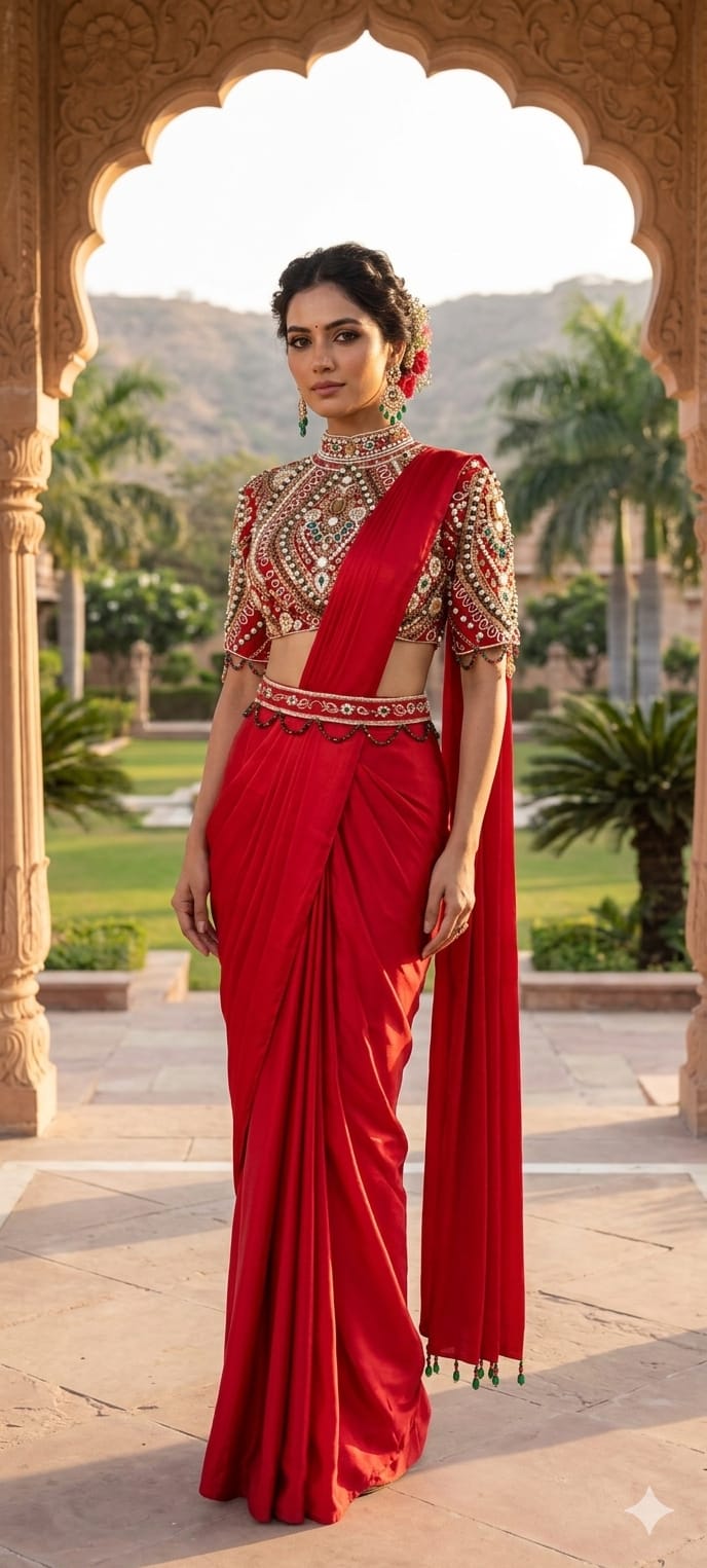 Elegant Pre-Draped Partywear Luxury Hand-Embroidered Designer Saree with Heavy Stone & Zardosi Work Blouse- 14525 RB349