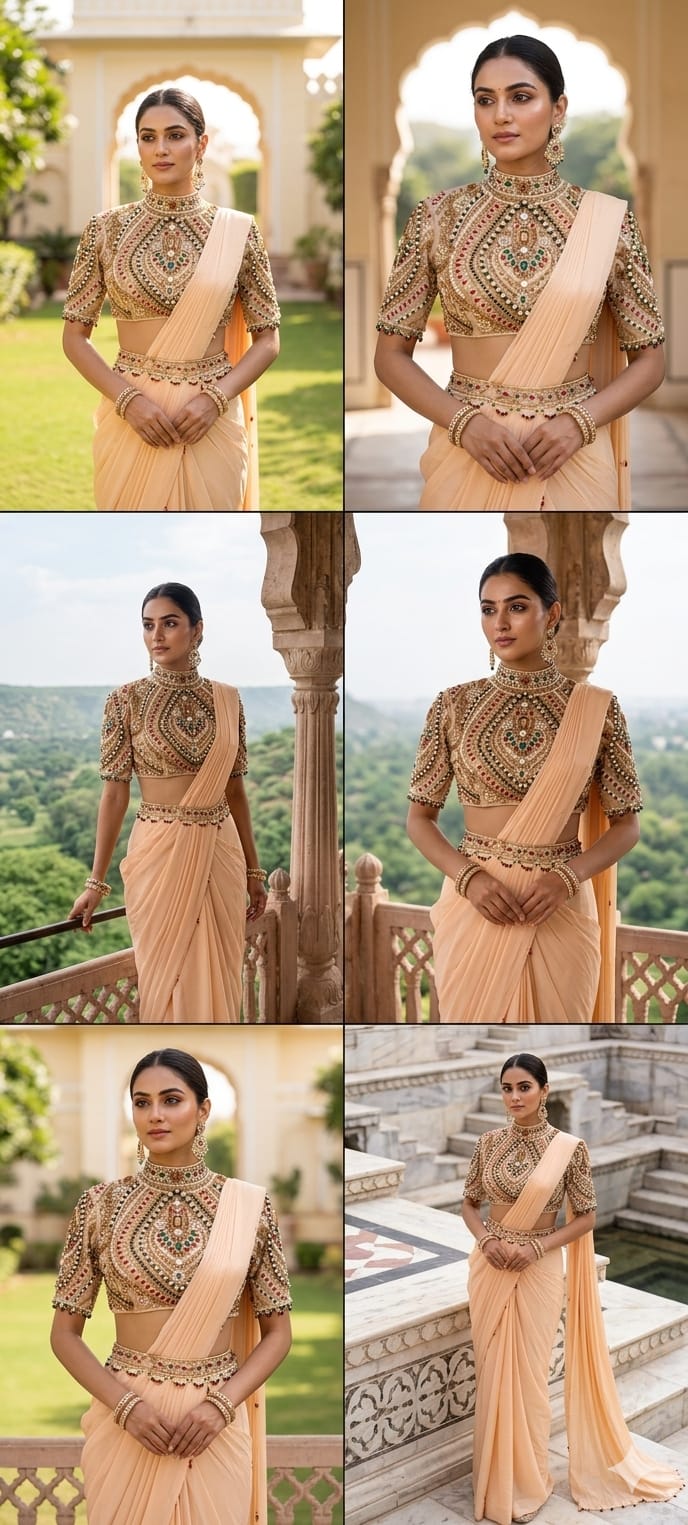 Elegant Pre-Draped Partywear Luxury Hand-Embroidered Designer Saree with Heavy Stone & Zardosi Work Blouse- 14525 RB349