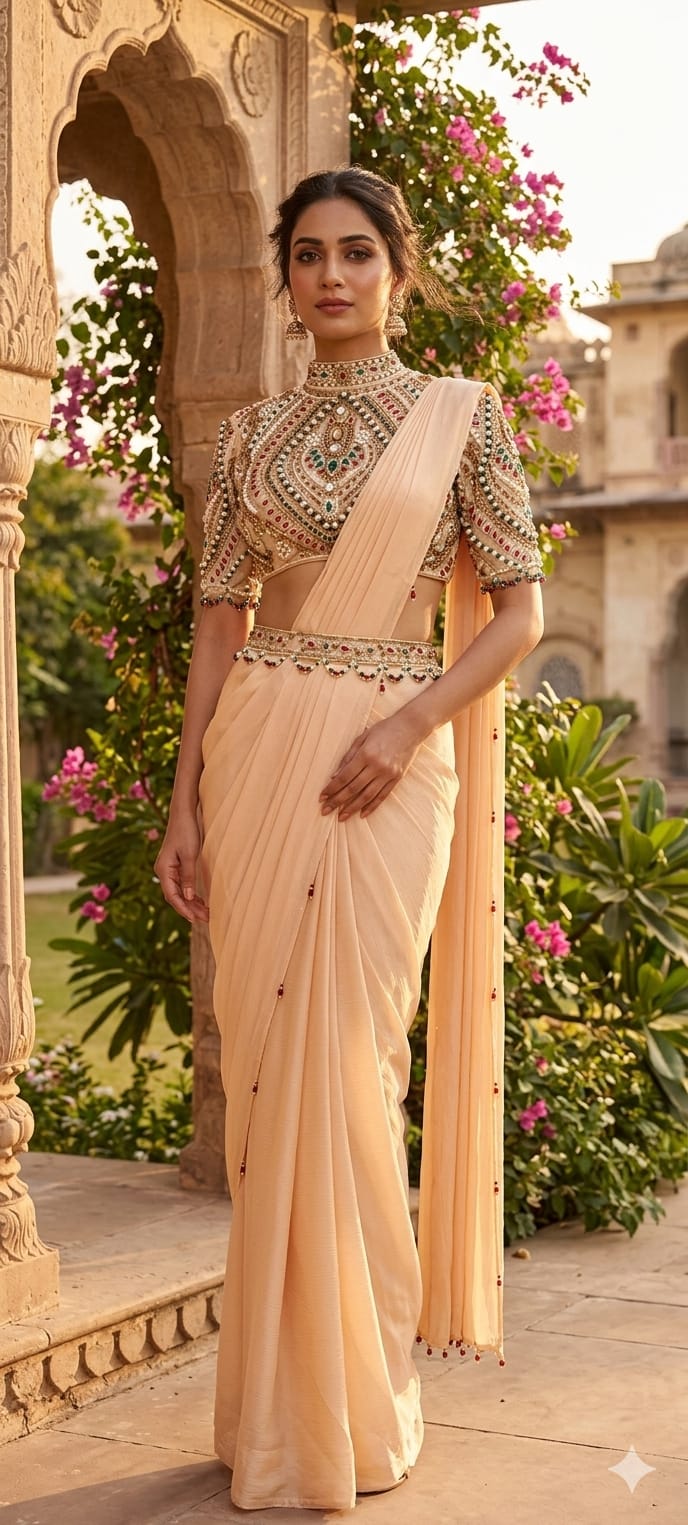 Elegant Pre-Draped Partywear Luxury Hand-Embroidered Designer Saree with Heavy Stone & Zardosi Work Blouse- 14525 RB349