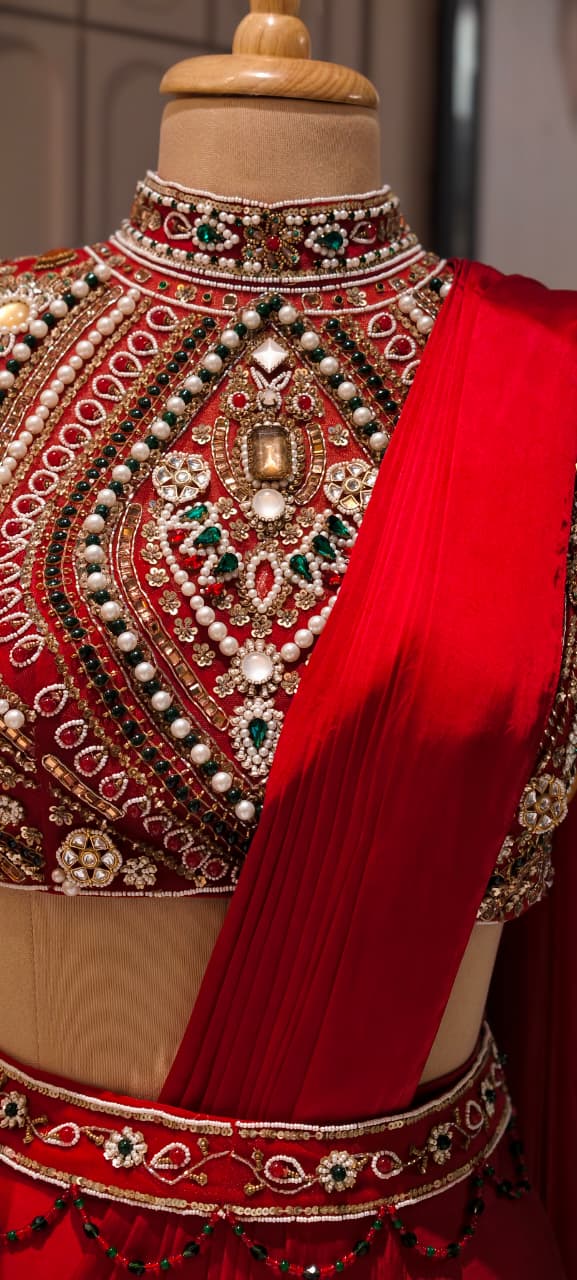 Elegant Pre-Draped Partywear Luxury Hand-Embroidered Designer Saree with Heavy Stone & Zardosi Work Blouse- 14525 RB349