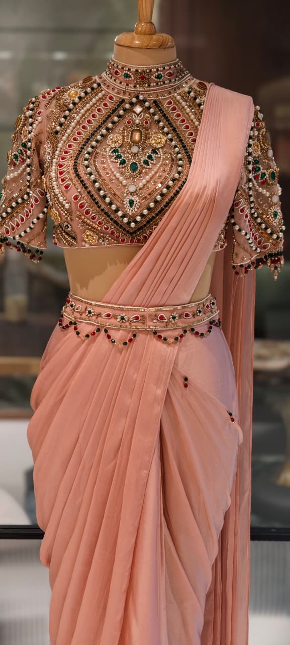 Elegant Pre-Draped Partywear Luxury Hand-Embroidered Designer Saree with Heavy Stone & Zardosi Work Blouse- 14525 RB349