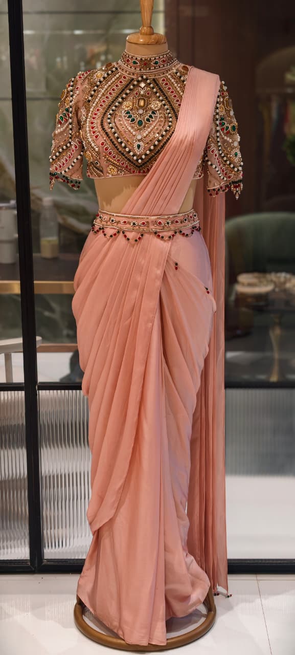 Elegant Pre-Draped Partywear Luxury Hand-Embroidered Designer Saree with Heavy Stone & Zardosi Work Blouse- 14525 RB349