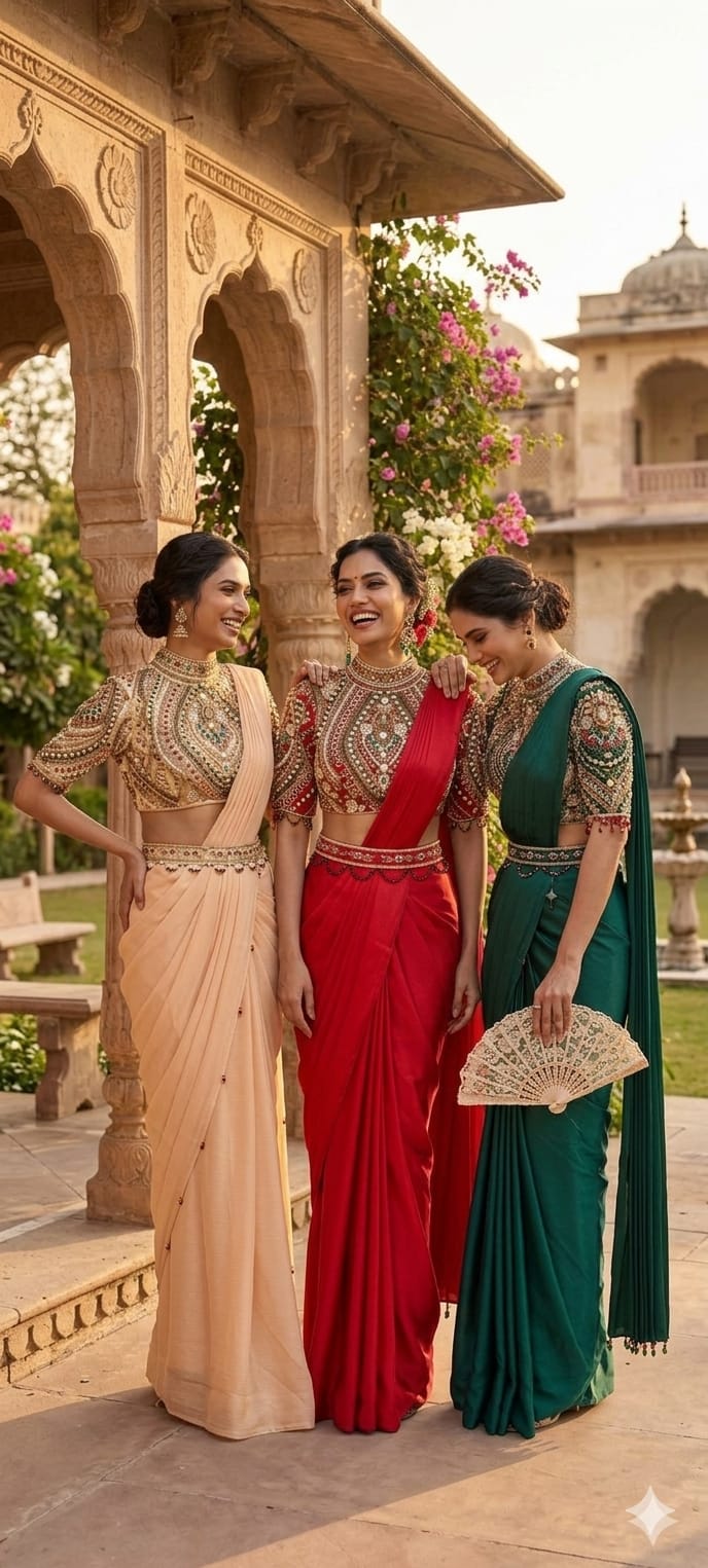 Elegant Pre-Draped Partywear Luxury Hand-Embroidered Designer Saree with Heavy Stone & Zardosi Work Blouse- 14525 RB349