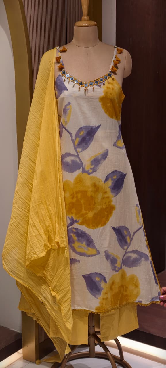 Floral Water Mark Print Boho Neck Line Sleeveless A-Line Full Suit Set With Dupatta- 14567 RB368