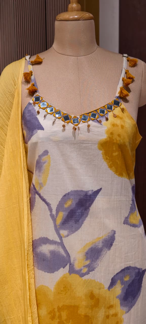 Floral Water Mark Print Boho Neck Line Sleeveless A-Line Full Suit Set With Dupatta- 14567 RB368