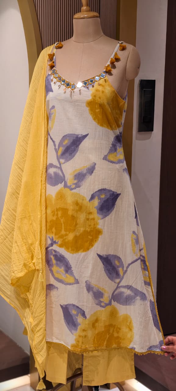 Floral Water Mark Print Boho Neck Line Sleeveless A-Line Full Suit Set With Dupatta- 14567 RB368