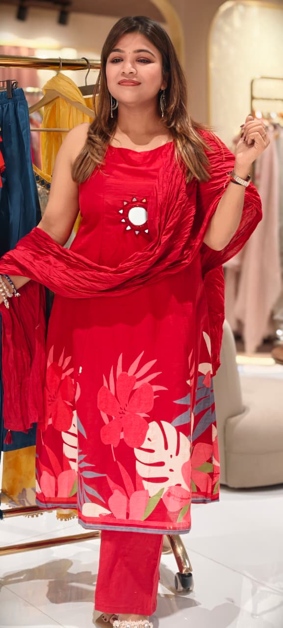 Coral Mossiac Print Real Mirror Starred In The Front Solid A-Line Sleeveless Cotton Full Suit Set With Dupatta- 14592 RB369