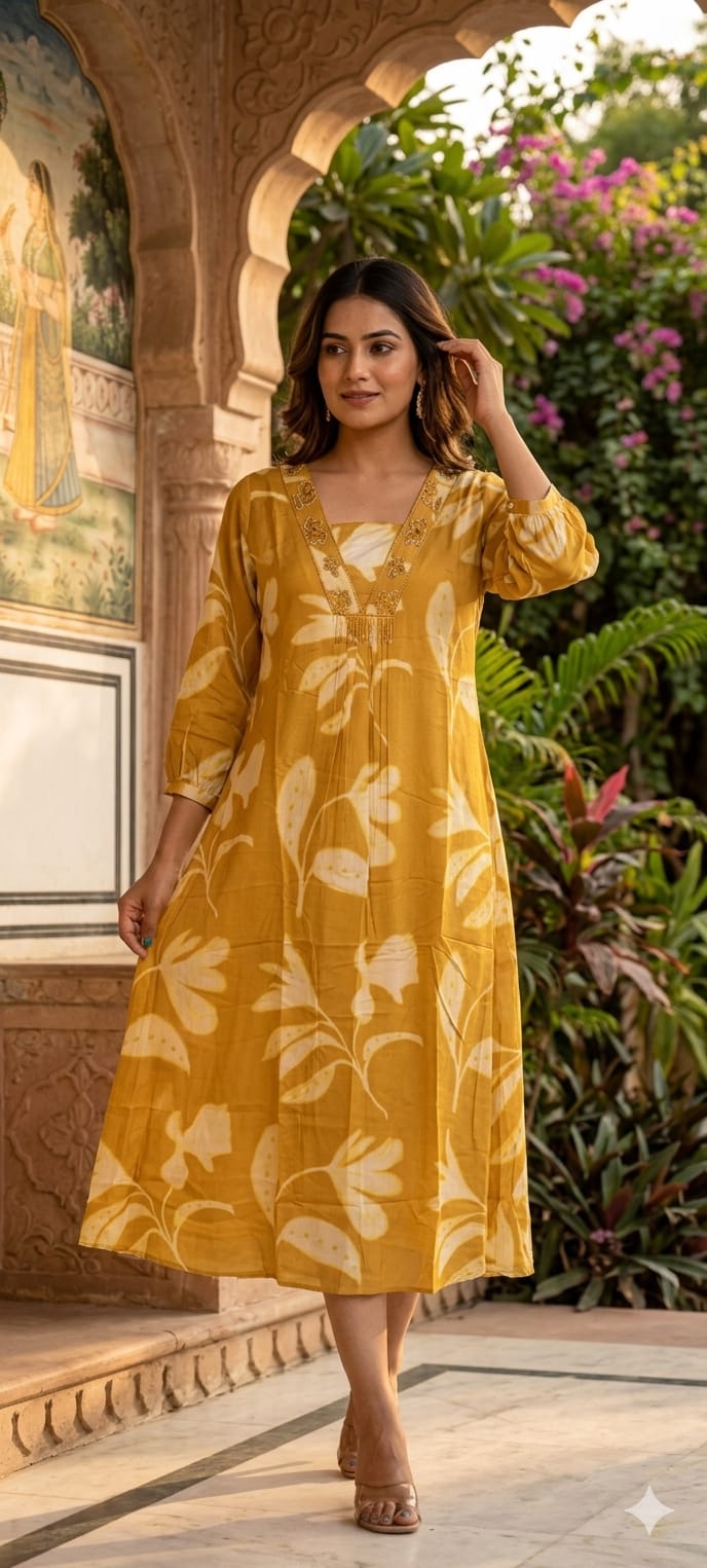 Melodic Printed Cut-Dana Neck Line Tassel Accent Russian Silk Daily Wear Frock- 14715, 14716 RB447