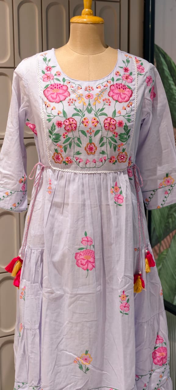 Intricate Multicolor Floral Embroidery Yoke Flared Pleated Mul Cotton Long Frock- 14671 RB409