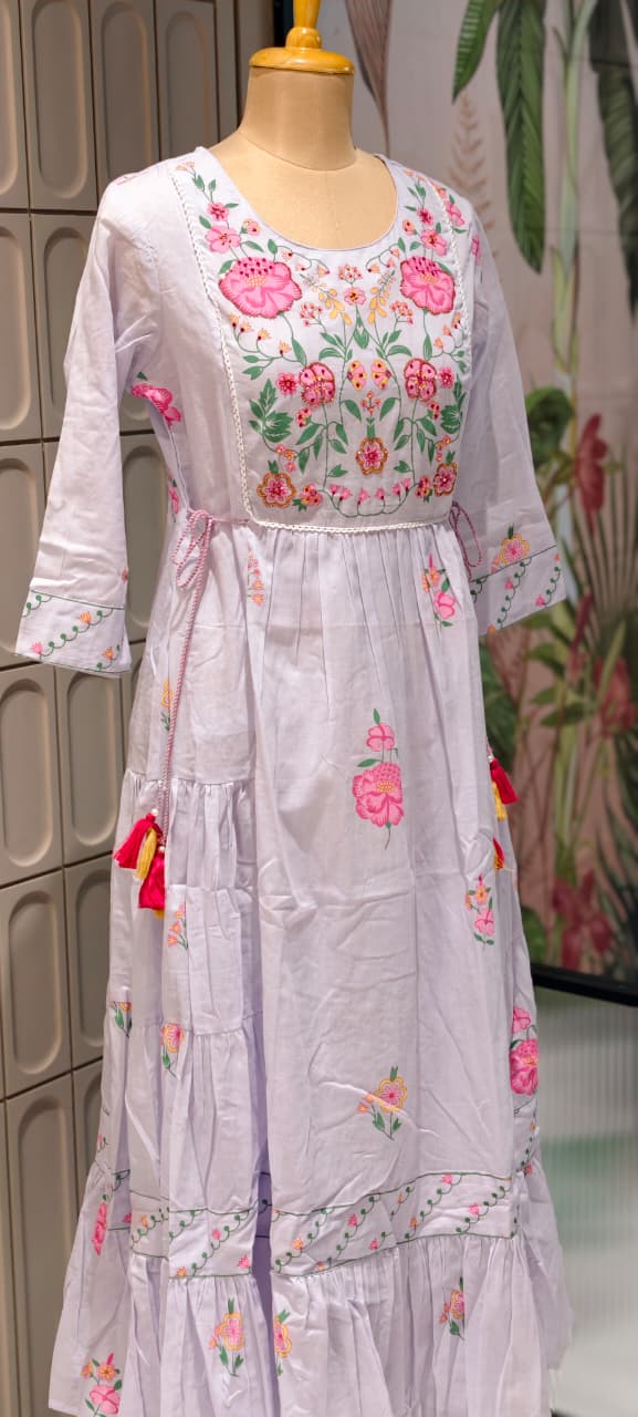 Intricate Multicolor Floral Embroidery Yoke Flared Pleated Mul Cotton Long Frock- 14671 RB409
