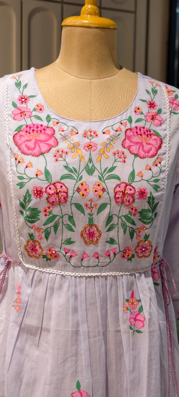Intricate Multicolor Floral Embroidery Yoke Flared Pleated Mul Cotton Long Frock- 14671 RB409