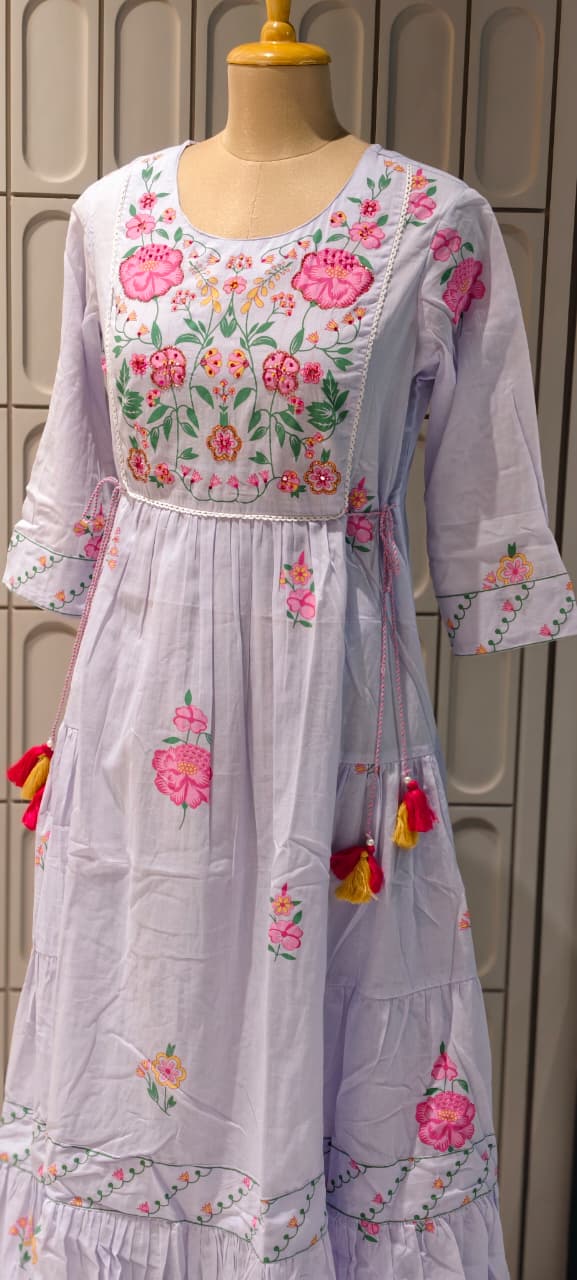 Intricate Multicolor Floral Embroidery Yoke Flared Pleated Mul Cotton Long Frock- 14671 RB409