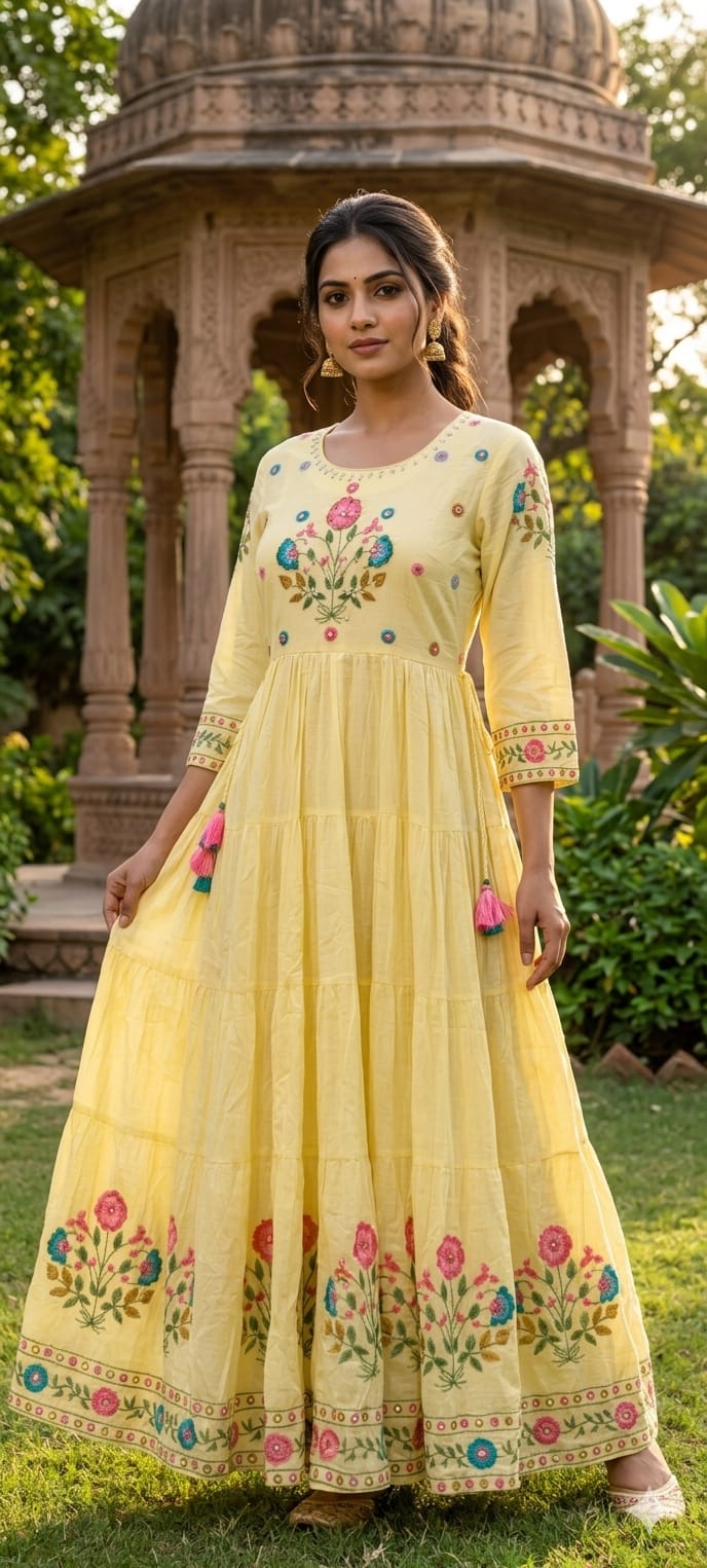 Multicolor Thread Embroidery Sequin Upwork Pastel Shade Multi Layers Plated Mul Cotton Ankle Length Frock-14672 RB407