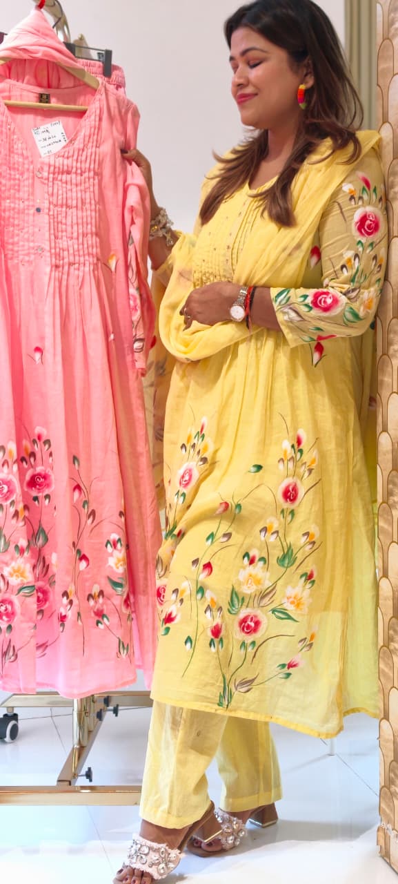 Floral Gardenia Blossom Print Pleated Yoke A-Line Mul Cotton Full Suit Set With Dupatta- 14737 RB388