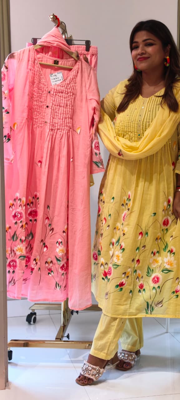 Floral Gardenia Blossom Print Pleated Yoke A-Line Mul Cotton Full Suit Set With Dupatta- 14737 RB388