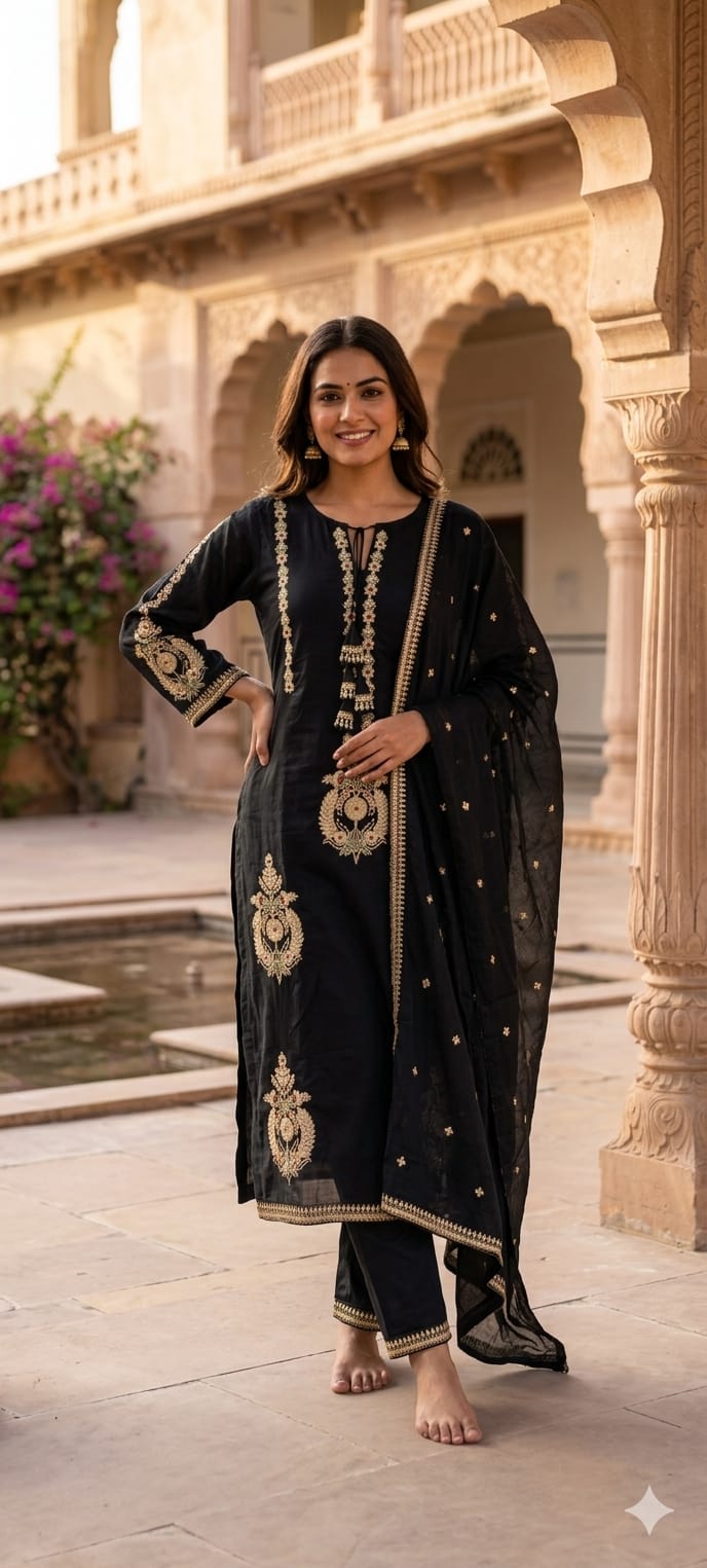 Golden Touch Pure Zardosi Work Embroidery Occasional Wear Mul-Cotton Full Suit Set With Dupatta- 14731 RB389