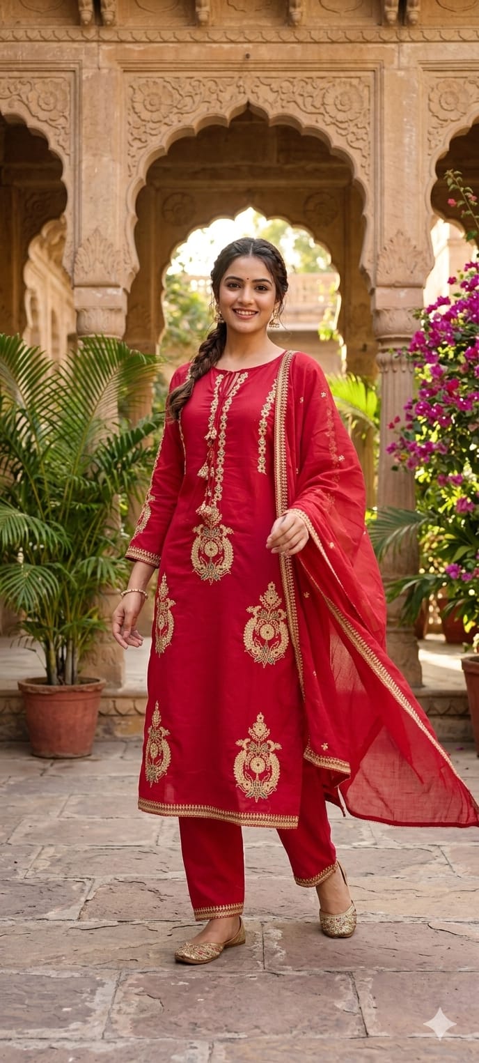 Golden Touch Pure Zardosi Work Embroidery Occasional Wear Mul-Cotton Full Suit Set With Dupatta- 14731 RB389