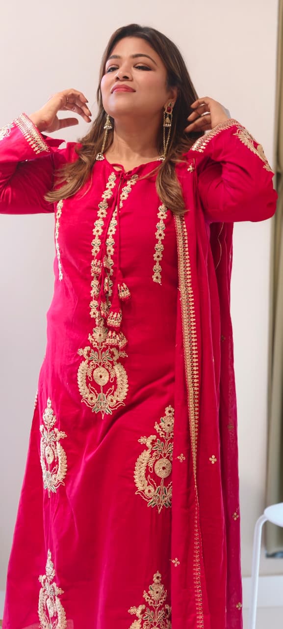 Golden Touch Pure Zardosi Work Embroidery Occasional Wear Mul-Cotton Full Suit Set With Dupatta- 14731 RB389