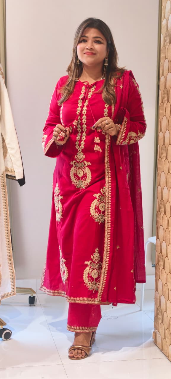Golden Touch Pure Zardosi Work Embroidery Occasional Wear Mul-Cotton Full Suit Set With Dupatta- 14731 RB389