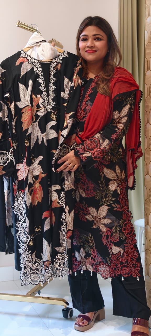 Pure Pakistani Look Floral Embroidery With Cut-Work Tassel Bold German Rayon Full Suit Set With Dupatta- 14674 RB386