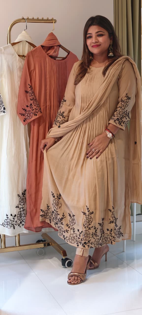 Surat Mul Chanderi Intricate Fine Embroidery Pleated A-Line Solid Full Suit Set With Dupatta- 14677 RB392