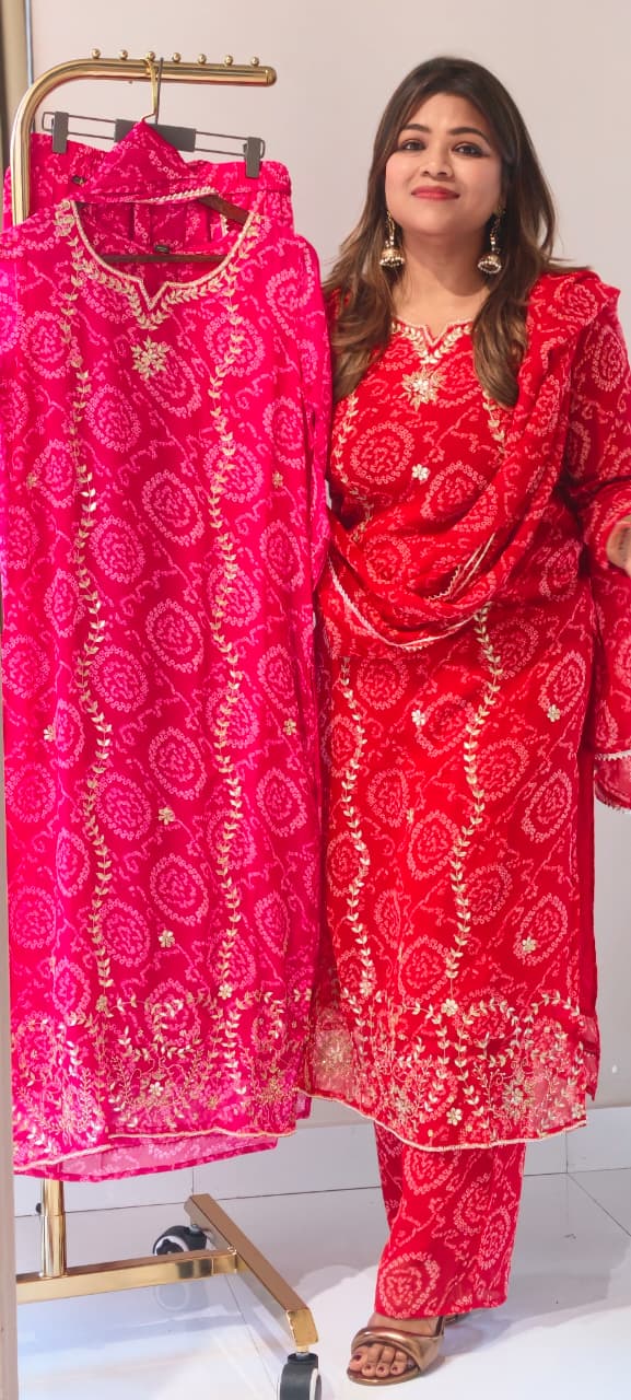Premium Georgette Pure Gotta Patti Work Vibrant Bandhej Full Suit Set With Dupatta- 14539 RB385