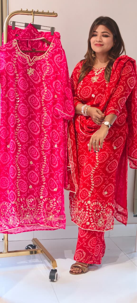 Premium Georgette Pure Gotta Patti Work Vibrant Bandhej Full Suit Set With Dupatta- 14539 RB385