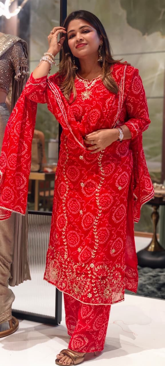 Premium Georgette Pure Gotta Patti Work Vibrant Bandhej Full Suit Set With Dupatta- 14539 RB385