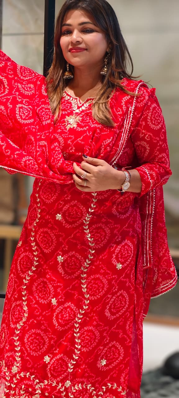 Premium Georgette Pure Gotta Patti Work Vibrant Bandhej Full Suit Set With Dupatta- 14539 RB385