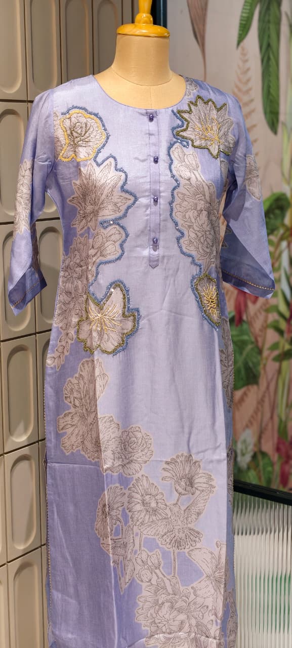 Aqua Bloom Digital Print Shimmer Glitter Highlights Russian Silk Kurti Only- 14703 RB382
