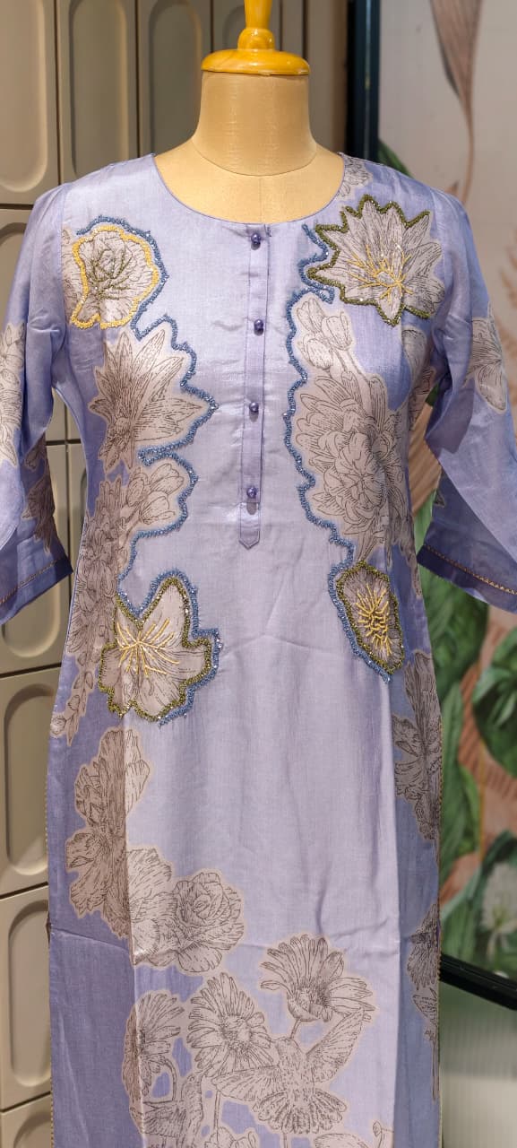 Aqua Bloom Digital Print Shimmer Glitter Highlights Russian Silk Kurti Only- 14703 RB382