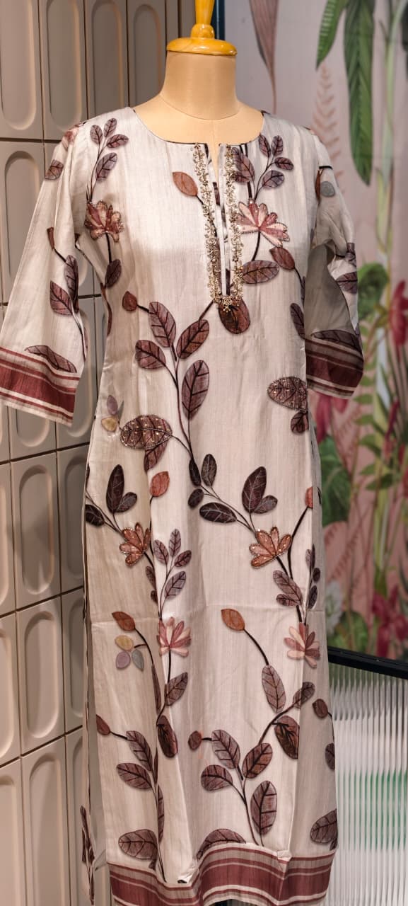 Zardosi Neckline Blossom Floral Print Russian Casual Wear Silk Kurti Only- 14717 RB384 LEAN FIT BOOK NEXT SIZE