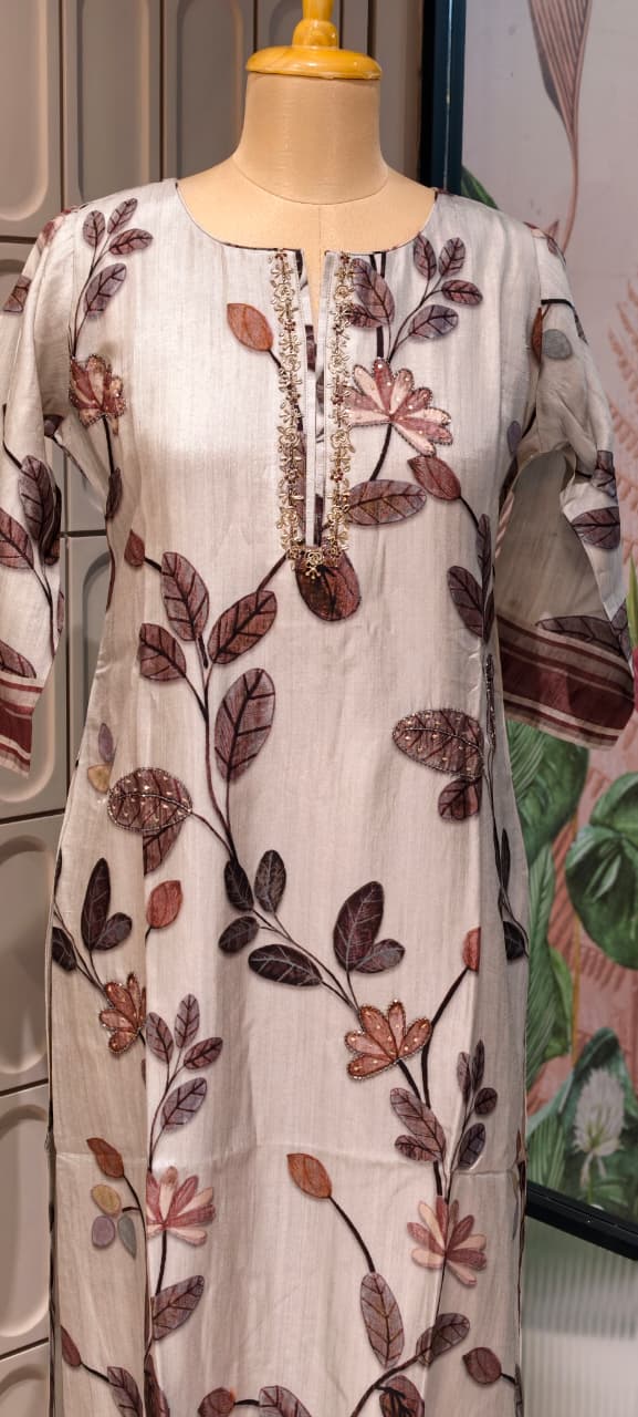 Zardosi Neckline Blossom Floral Print Russian Casual Wear Silk Kurti Only- 14717 RB384 LEAN FIT BOOK NEXT SIZE