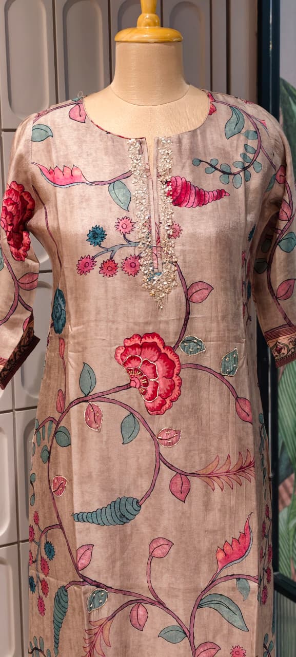 Zardosi Neckline Blossom Floral Print Russian Casual Wear Silk Kurti Only- 14717 RB384 LEAN FIT BOOK NEXT SIZE