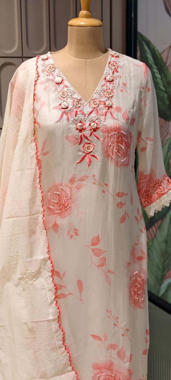 Floral Popped Embroidered Neckline Rosy Petal Printed Full Suit Set WIth Dupatta In HO Silk Fabric- 14791 RB420