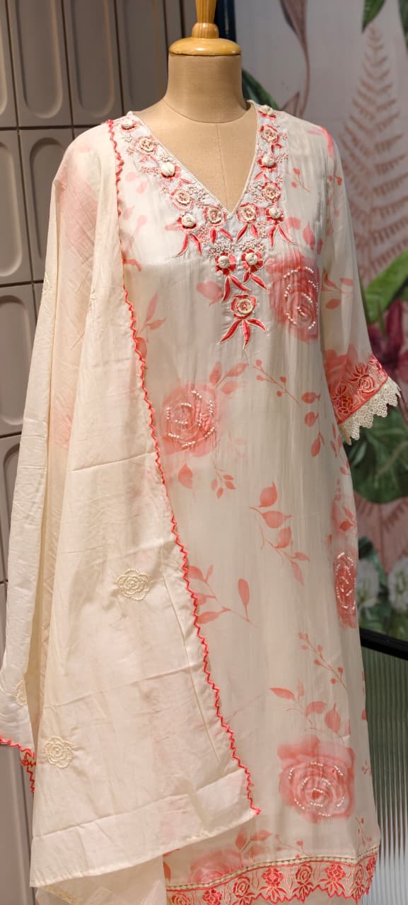 Floral Popped Embroidered Neckline Rosy Petal Printed Full Suit Set WIth Dupatta In HO Silk Fabric- 14791 RB420