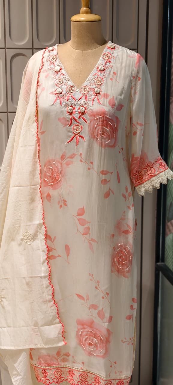 Floral Popped Embroidered Neckline Rosy Petal Printed Full Suit Set WIth Dupatta In HO Silk Fabric- 14791 RB420