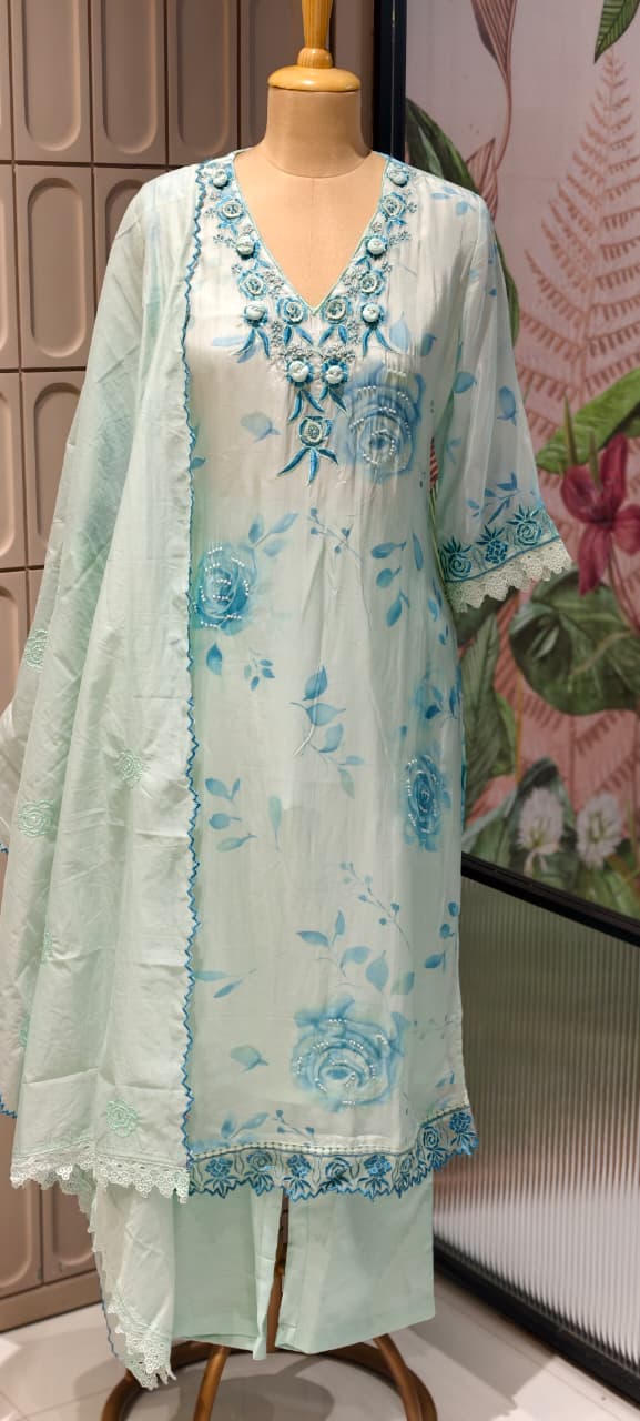 Floral Popped Embroidered Neckline Rosy Petal Printed Full Suit Set WIth Dupatta In HO Silk Fabric- 14791 RB420