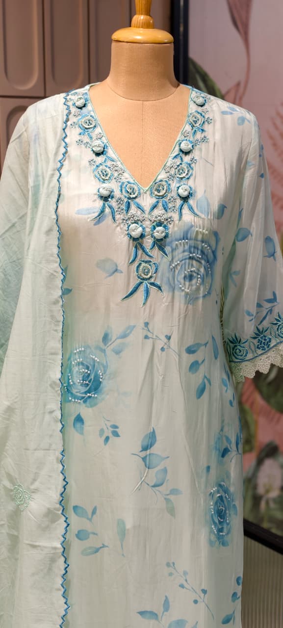 Floral Popped Embroidered Neckline Rosy Petal Printed Full Suit Set WIth Dupatta In HO Silk Fabric- 14791 RB420