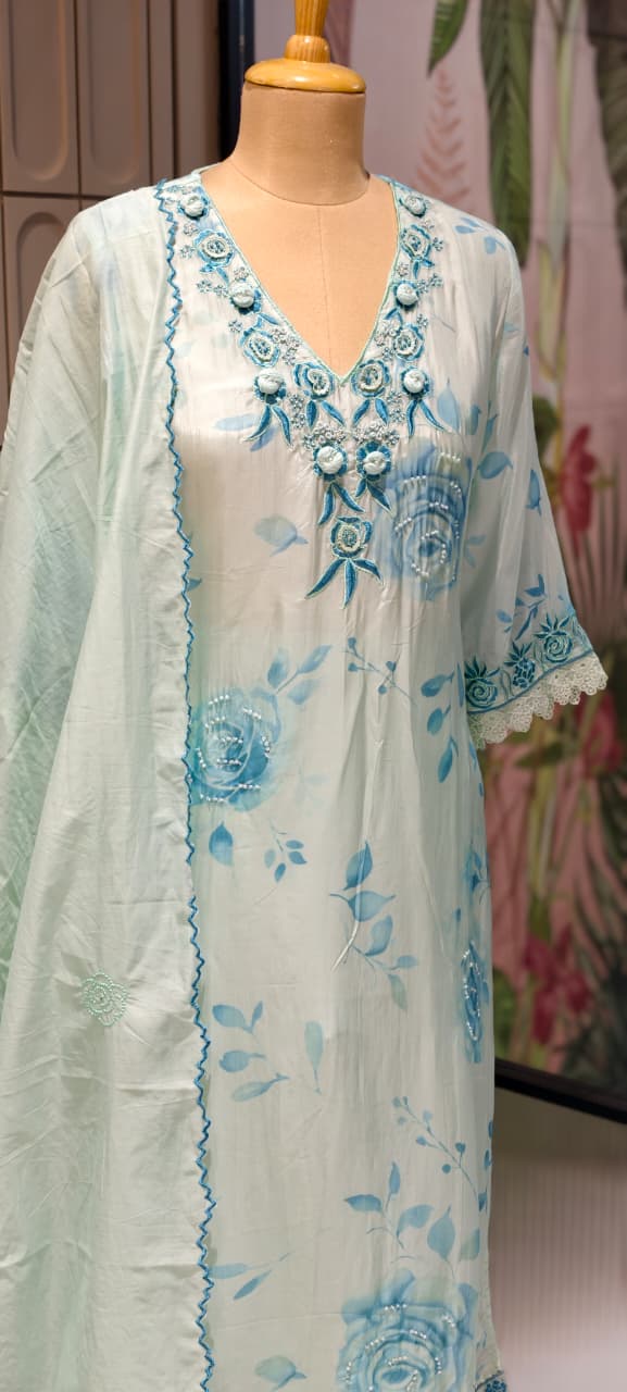Floral Popped Embroidered Neckline Rosy Petal Printed Full Suit Set WIth Dupatta In HO Silk Fabric- 14791 RB420