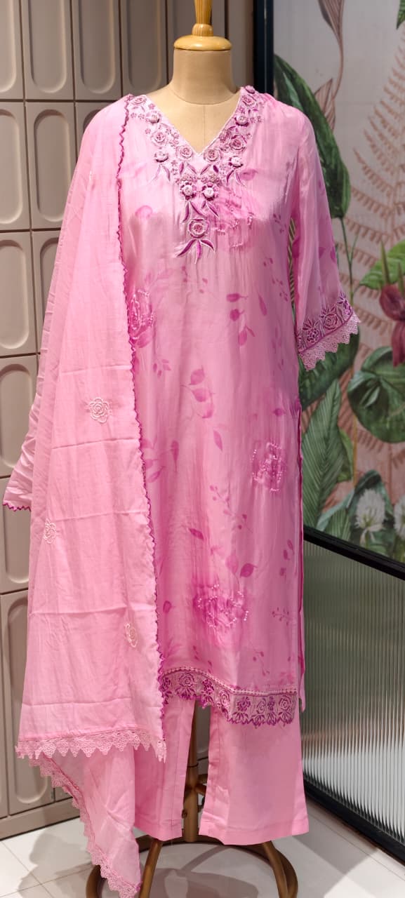 Floral Popped Embroidered Neckline Rosy Petal Printed Full Suit Set WIth Dupatta In HO Silk Fabric- 14791 RB420