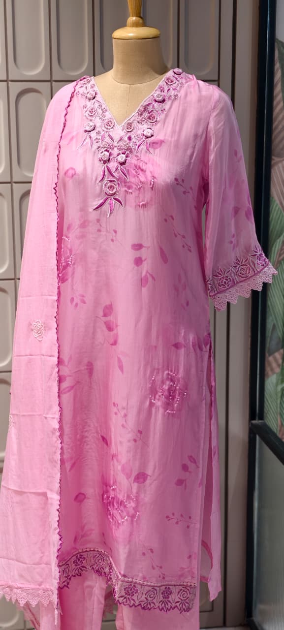 Floral Popped Embroidered Neckline Rosy Petal Printed Full Suit Set WIth Dupatta In HO Silk Fabric- 14791 RB420