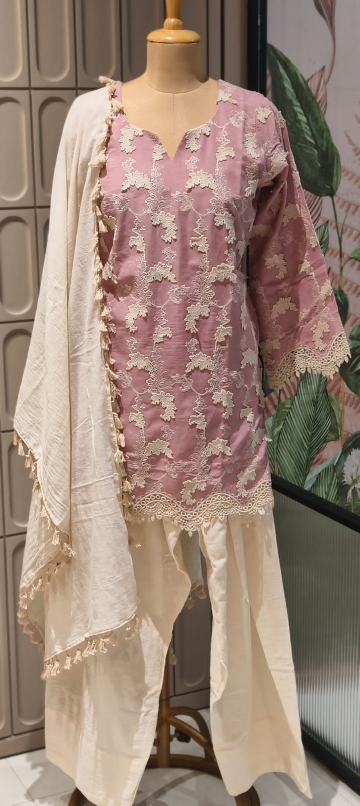 Premium Chevron Floral Popped Crosia Touch Full Suit Set With Tasseled Dupatta & Farsi Bottom- 14787 RB414