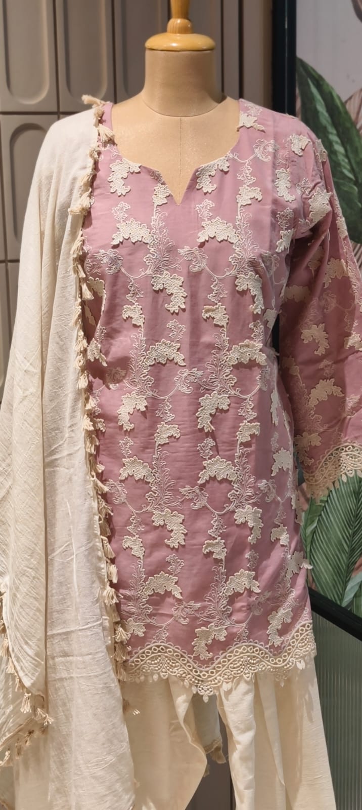 Premium Chevron Floral Popped Crosia Touch Full Suit Set With Tasseled Dupatta & Farsi Bottom- 14787 RB414