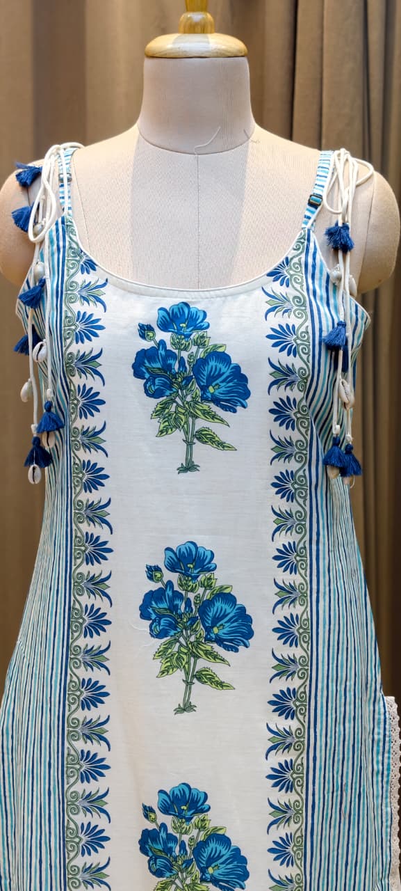 Strappy Kodi Tassel Sleeveless Printed Cotton Full Suit Set With Dupatta- 14794 RB410