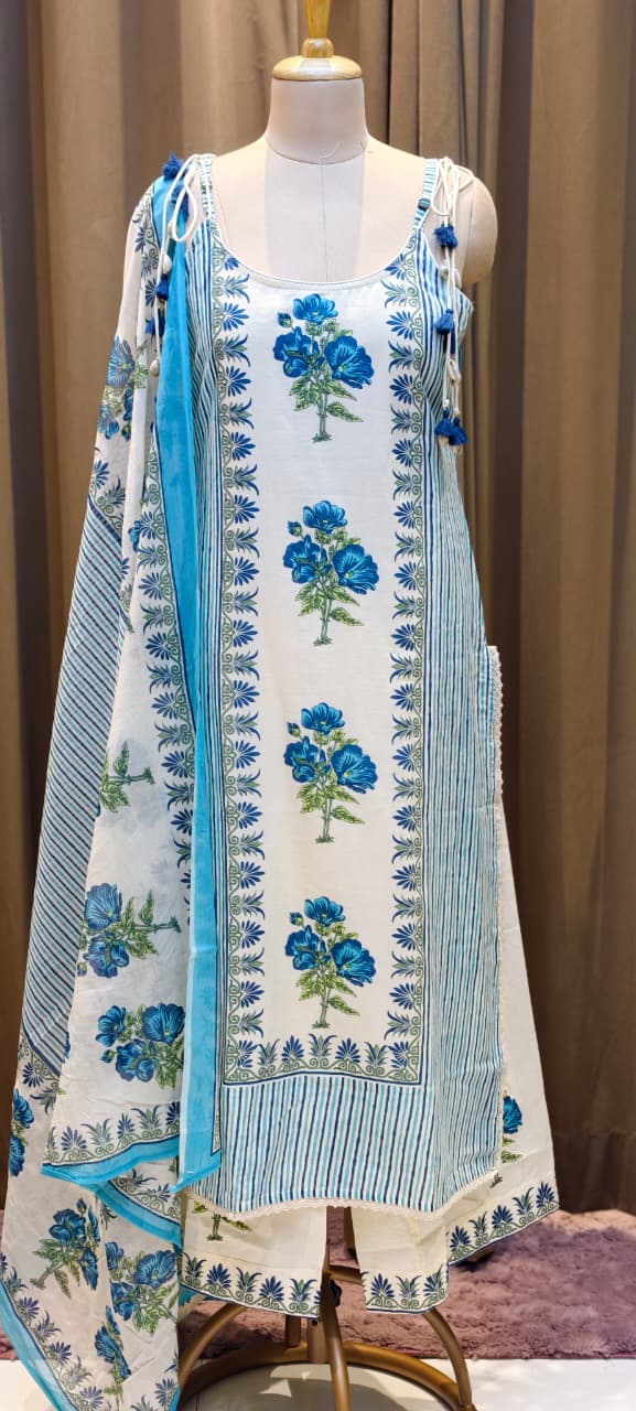 Strappy Kodi Tassel Sleeveless Printed Cotton Full Suit Set With Dupatta- 14794 RB410