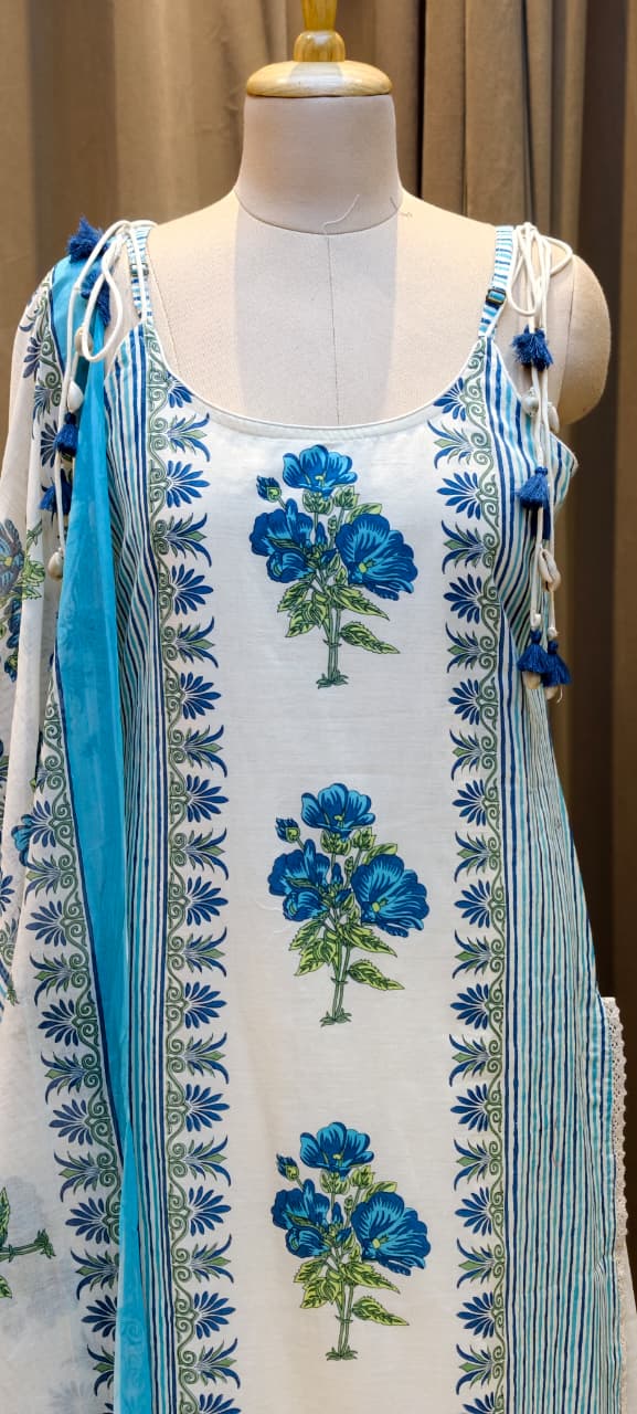 Strappy Kodi Tassel Sleeveless Printed Cotton Full Suit Set With Dupatta- 14794 RB410